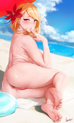 1girls absurdres anus artist_name ass azur_lane back bangs barefoot beach blonde_hair blue_sky blush braid breasts commentary_request crown_braid day earrings feet female finger_to_mouth flower foreshortening hair_flower hair_ornament highres inviting_to_sex jewelry large_breasts legs looking_at_viewer looking_back nude ocean open_mouth outdoors prince_of_wales_(azur_lane) prince_of_wales_(windsor_sun)_(azur_lane) pussy red_eyes rosaline seductive_look short_hair signature sitting sky soles solo swept_bangs thighs toe_scrunch toes topless towel rating:Explicit score:231 user:bot