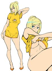 1girls artist_request blonde_hair blue_eyes breasts chinese_dress exhibitionism female female_only guilty_gear half_naked human millia_rage solo yellow_dress rating:Questionable score:80 user:I-no_bitch