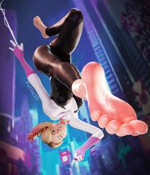  blonde_hair curled_toes erect_nipples feet foot_focus futile3d gwen_stacy marvel peace_sign round_ass soles spider-gwen tight_clothing toes upside-down wasdek white_skin winking winking_at_viewer  rating:explicit score: user:wasdek