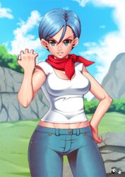 1girls abs bandana belly blue_eyes blue_hair blue_jeans breasts bulging bulma_briefs cloth clothed clothed_female clothes clothing day daytime dragon_ball dragon_ball_super dragon_radar female female_focus female_only hair hand_on_hip holding holding_object human jadenkaiba jeans large_ass large_breasts midriff milf muscular muscular_female raised_eyebrows scarf shiny shiny_hair shiny_skin short_hair short_shirt smile smiling smirk smirking solo solo_focus stomach thigh_gap tight_clothing watermark wide_hips rating:Safe score:70 user:Bulma_Briefs_(DBS)