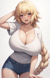 1girls ai_generated booty_shorts breasts casual_clothes cleavage fate/grand_order fate_(series) female hi_res huge_breasts jeanne_d'arc_(fate) large_breasts light-skinned_female light_skin long_hair naughty_face shirt short_shorts shorts smile stable_diffusion thick_thighs wide_hips rating:Questionable score:41 user:Aeolus_HX