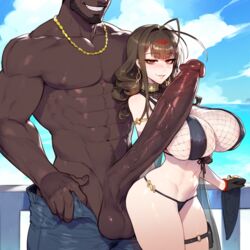 1boy 1girls ai_generated big_breasts big_penis blush breasts chains clothed_female dark-skinned_male dsr-50_(girls'_frontline) female girls'_frontline grin huge_cock imminent_oral imminent_sex interracial looking_at_viewer male muscular muscular_male outdoors outside pants penis penis_out prof red_eyes sex standing straight tight_clothing rating:Explicit score:144 user:3dGODLY