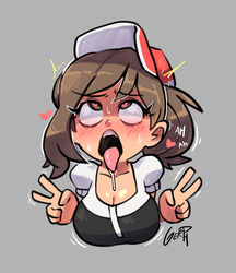 1girls ahe_gao blush breasts brown_hair cleavage clothed clothed_female clothing double_v drooling elaine_(pokemon) female female_focus female_only fully_clothed gerph grey_background hair hat heart heart-shaped_pupils human medium_breasts motion_lines nintendo open_mouth pokemon pokemon_lgpe pokemon_rgby ponytail rolling_eyes saliva shirt short_hair signature simple_background solo solo_female text tongue tongue_out v video_games watermark young rating:Questionable score:291 user:EdgySexy