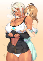 2girls abs big_breasts breast_grab breast_squeeze breasts cleavage dark-skinned_female dark_skin dress erect_nipples female female_only grabbing grabbing_from_behind large_breasts muscular_female nipples open_jacket original sela_(sela_god) sela_god simple_background unzipped ursula_(sela_god) wedding_ring wife_and_wife yuri zipper rating:Questionable score:175 user:justausername