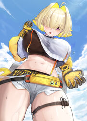 1girls ahoge ass_visible_through_thighs belly belly_button blonde_hair blush elegg_(nikke) female_only fully_clothed goddess_of_victory:_nikke hair_over_eyes just_tume large_breasts midriff nipple_outline purple_eyes sweat thighs tight_clothing tongue tongue_out rating:Questionable score:63 user:Erfbng