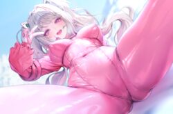 alice_(nikke) ass belly_button blush bodysuit breasts cameltoe female goddess_of_victory:_nikke nipple_bulge open_mouth peace_sign pink_eyes ruhee sitting spread_legs tight_clothing twintails upper_teeth white_hair rating:Questionable score:90 user:Erfbng