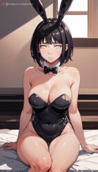  ai_generated ambiguous_imagination big_breasts black_hair bunny_ears bunnysuit hyuuga_hinata naruto naruto_(series) short_hair stable_diffusion thick_thighs  rating:questionable score: user:amb1guous