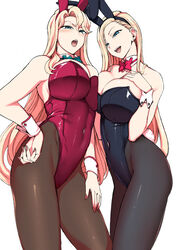 2girls adult aiue_oka animal_ears aqua_bow aqua_bowtie aqua_eyes bare_shoulders black_leotard black_pantyhose blonde_hair blush bow bowtie breast_press breasts brown_pantyhose cleavage covered_navel detached_collar drop_earrings earrings fake_animal_ears fake_tail hand_on_own_chest hand_on_own_hip highres huge_breasts jewelry kurashiki_reika kurashiki_reina leotard long_hair looking_at_viewer mature_female milf mother_and_daughter multiple_girls nail_polish older_female open_mouth pantyhose playboy_bunny rabbit_ears rabbit_tail red_bow red_bowtie red_leotard saimin_seishidou smile sweatdrop symmetrical_docking tail teenager teeth thighs traditional_bowtie upper_teeth_only very_long_hair white_background wrist_cuffs younger_female rating:Questionable score:149 user:Foreverpain