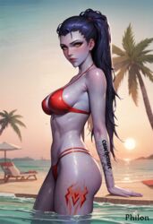  ai_generated athletic beach bikini blue_body blush long_hair looking_away nipples_visible_through_clothing overwatch overwatch_2 philon pinup posing shiny_skin sun tattoo water watermark wet widowmaker yellow_eyes  rating:questionable score: user:philon