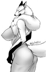  angry big_breasts big_butt canine ear_piercing fox fur_scarf joka_(hiwai) long_dress looking_at_viewer mature_female nipple_outline  rating:questionable score: user:foxtide888