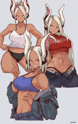 1girls :< abs absurdres adjusting_clothes alternate_costume alternate_hair_length alternate_hairstyle animal_ears aosora artist_name bare_shoulders black_panties blue_jacket blue_pants blush boku_no_hero_academia breasts character_name cleavage clenched_teeth clothes_writing collarbone commentary_request crop_top cropped_shirt dark-skinned_female dark_skin female fingernails gloves grey_background hair_bun highleg highleg_panties highres jacket large_breasts long_eyelashes long_hair looking_down medium_breasts midriff miruko my_hero_academia navel open_clothes open_fly open_pants panties pants parted_bangs rabbit_ears rabbit_girl red_eyes red_shirt rumi_usagiyama shirt short_hair simple_background single_hair_bun smile solo stomach tank_top teeth toned underwear very_long_hair white_gloves white_hair white_tank_top rating:Explicit score:213 user:Foreverpain