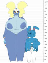  1boy1girl blue_body bluepolygonafterdark breasts_bigger_than_head bunny_ears erect_penis lillian_(bluepolygonafterdark) massive_breasts multicolored_penis oc rin_(bluepolygonafterdark) size_comparison size_difference white_background  rating:explicit score: user:deleted107137