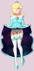 blonde_hair blue_eyes clothing crown dress dress_lift fully_clothed hair hair_over_one_eye lingerie long_hair mario_(series) nintendo panties princess princess_rosalina sarukaiwolf super_mario_galaxy thighhighs video_games rating:Questionable score:177 user:EdgySexy