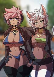 2girls au_ra big_breasts boots breasts dark_skin final_fantasy final_fantasy_xiv green_eyes jewelry kinkymation l'cielle_lhas(ci) large_breasts lingerie miqo'te pink_eyes pink_hair sin_faye stockings tanned tattoo thong white_hair xaela rating:Explicit score:75 user:aajaxx