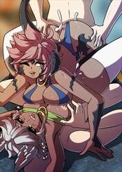 2girls ass ass_grab au_ra big_breasts boots breast_press breast_squeeze cum cum_inside dark_skin female final_fantasy final_fantasy_xiv green_eyes jewelry kinkymation l'cielle_lhas(ci) large_breasts lingerie male miqo'te pink_eyes pink_hair sex sin_faye stockings tanned tattoo thong white_hair xaela rating:Explicit score:61 user:aajaxx