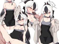 1boy black_choker black_dress black_hair black_horns blue_archive blush breasts breasts_out choker clothes_pull demon_horns dress erection fellatio female grey_halo grey_jacket hair_between_eyes halo highres horns jacket kayoko_(blue_archive) kayoko_(dress)_(blue_archive) kumasteam licking licking_penis long_hair long_sleeves looking_at_viewer multicolored_hair multiple_views nipples no_panties off_shoulder official_alternate_costume open_clothes open_mouth oral panties panty_pull penis penis_grab pulled_by_self pussy red_eyes sex simple_background small_breasts solo_focus straight sweat tongue tongue_out underwear undressing vaginal_penetration white_background white_hair rating:Explicit score:130 user:bot