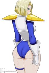 1girls android_18 armor big_ass blonde_hair blue_eyes bodysuit dragon_ball dragon_ball_z embarrassed female_focus female_only zeromomentai rating:Safe score:148 user:Halloooo