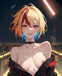  1girls ai_generated blonde_hair blue_hair choker city cum cum_on_breasts hi_res highres jacket messy_hair multicolored_hair orange_eyes red_eyes red_hair reewdba smile solo stable_diffusion  rating:explicit score: user:shyfemboy42