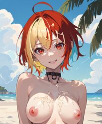  1girls ai_generated beach blonde_hair blue_hair choker cum cum_on_breasts hi_res looking_at_viewer medium_breasts multicolored_hair naked red_eyes red_hair reewdba smile solo stable_diffusion  rating:explicit score: user:shyfemboy42