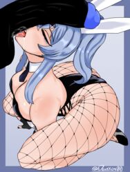  atko atkoart big_ass big_breasts big_penis big_thighs blue_hair bunny_girl bunnysuit crouching crouching_female drakkon00 erection licking licking_penis original original_character submissive submissive_female thick_thighs tongue  rating:explicit score: user:demongorgona