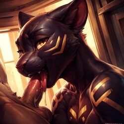 ai_generated anthro black_body black_fur blowjob cum cum_in_mouth faceless_male fellatio frosting.ai furry gold_eyes happy looking_at_viewer markings pantherine potca self_upload tezca_(potca) tongue whiskers rating:Explicit score:19 user:potca_f