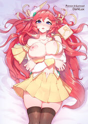 1girls artist_name battle_academia_lux_prestige_edition battle_academia_series bed big_breasts blue_eyes blush breasts_out collarbone darklux female female_focus female_only hair_ornament holding_breast league_of_legends long_hair long_sleeves luxanna_crownguard miniskirt nipples open_clothes open_skirt orange_hair pink_nipples prestige_skin skirt solo thick_lips rating:Explicit score:86 user:heartless0