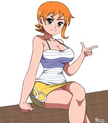 big_breasts breasts female female_only looking_at_viewer nami one_piece orange_hair shounen_jump simmsy skirt smile tank_top thick_thighs thighs rating:Safe score:96 user:Rukia_Lover