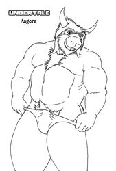  anthro asgore_dreemurr beard black_and_white blonde_hair boss_monster_(undertale) bovid bulge caprine clothing drayo facial_hair hair horn male mammal monochrome musclegut muscular muscular_anthro muscular_male simple_background solo undertale undertale_(series) underwear  rating:questionable score: user:bot