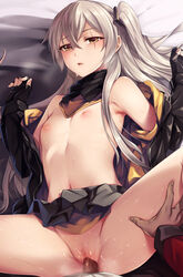 1boy 1girls armpits bangs bed_sheet black_gloves black_jacket blush breasts breath brown_eyes censored detached_collar eyebrows_visible_through_hair facial_scar female fingerless_gloves flat_chest from_above girls'_frontline gloves grey_skirt hair_between_eyes highres interracial jacket long_sleeves looking_at_viewer lying male_pov miniskirt missionary mosaic_censoring navel nipples no_panties off_shoulder on_back one_side_up open_clothes open_jacket parted_bangs penis pleated_skirt pov pussy scar scar_across_eye sex silver_hair skirt skirt_lift small_breasts solo_focus spread_legs stomach straight sweat thigh_grab thighs tsuki_tokage ump45_(girls'_frontline) vaginal_penetration yellow_eyes rating:Explicit score:121 user:bot