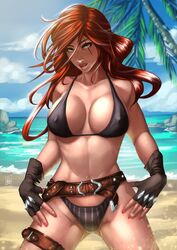 1girls beach big_breasts bikini female female_only gdecy green_eyes highres katarina_du_couteau league_of_legends long_hair red_hair scar solo water rating:Questionable score:132 user:AffinitY