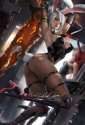 2girls alternate_costume battle_bunny_miss_fortune_(cosplay) battle_bunny_riven big_breasts breasts bunny_ears bunny_girl bunny_tail bunnysuit cleavage duo elbow_gloves female high_heels large_breasts league_of_legends leotard looking_at_viewer miss_fortune pantyhose red_hair riven sakimichan solo_focus sword the_grind_series thick_thighs torn_pantyhose weapon white_hair rating:Safe score:330 user:justausername