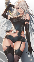  1girls blue_eyes breasts female long_hair mitcher_meier mole mole_under_mouth nier nier:_automata solo_female sword white_hair yorha_a2  rating:questionable score: user:hentaibro.69