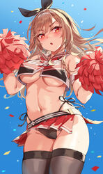  blush cameltoe cheerleader female female_only furrowed_brow goddess_of_victory:_nikke looking_away midriff midriff_baring_shirt miniskirt mitcher_meier panties panty_peek pantyshot pom_poms rapi_(nikke) revealing_clothes skirt sunlight sweaty thighhighs underboob  rating:questionable score: user:addbd