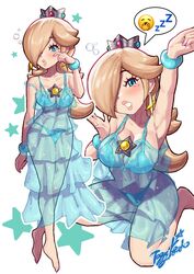 1girls artist_name barefoot blonde_hair blue_eyes bra bracelet busty cleavage crown curvy earrings hair_over_one_eye light-skinned_female light_skin lingerie mario_(series) nintendo painted_fingernails painted_nails panties pink_nails princess_rosalina see-through_clothing sleepy speech_bubble stars tears waking_up yamino_ekakinin rating:Questionable score:66 user:Private_Geek