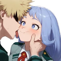  1boy 1boy1girl 1girls ai_generated blonde_hair blonde_hair_male blue_eyes blue_hair blue_hair_female blush en_ryu katsuki_bakugou licking_cheek long_hair my_hero_academia nejire_hado nervous puffed_cheeks saliva saliva_string saliva_trail spiky_hair tongue tongue_out very_long_hair  rating:questionable score: user:abok532