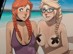 2girls anna_(frozen) blonde_hair blush breasts cleavage disney elsa_(frozen) female female_only frozen_(film) glasses nipple_bulge outdoors pasties pokies sillygirl sinner sisters tanline x_pasties rating:Questionable score:205 user:justausername