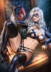 1girls abs absurdres black_cat_(marvel) bra breasts domino_mask felicia_hardy female female_only high_heel_boots high_heels highres large_breasts lingerie looking_at_viewer marvel marvel_comics neoartcore panties spider-man_(series) throne white_hair rating:Questionable score:233 user:gougetsu00