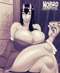 1girls big_breasts chubby cleavage clothed female female_only horns huge_ass huge_breasts larger_female long_nails monochrome nobro oni sake text thick_thighs watermark wide_hips rating:Explicit score:57 user:Nobro