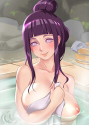 1girls alternate_hairstyle bathing big_breasts blue_hair blush breasts female female_only hyuuga_hinata large_breasts lavender_eyes long_hair looking_at_viewer naruto naruto_(series) naruto_shippuden nipple_slip nipples onsen roro smile solo towel updo water wet rating:Explicit score:318 user:masternoobcake