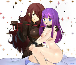 2girls black_bodysuit blue_eyes bodysuit bondage bound bound_wrists caressing choker collar cuffs embarrassed embarrassed_nude_female female female_focus female_only femdom large_breasts leash lucy_dyne lumpychan medium_breasts megami_tensei mitsuru_kirijo mole multiple_girls original_character persona persona_3 persona_4_arena purple_hair red_eyes red_hair yuri rating:Explicit score:66 user:rosenasty