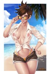 1girls adjusting_glasses areolae bare_midriff blouse breasts collared_blouse collared_shirt cowboy_shot exlic female female_only hand_on_hip looking_at_viewer medium_breasts navel nipples nipples_visible_through_clothing no_bra one_hand_on_hip overwatch pulling_down_sunglasses seductive_look seductive_smile see-through shirt shirt_knot shirt_tied_up short_hair short_shorts shorts_open smile solo sweat sweating sweaty thick_thighs thong tracer wet wet_clothes wet_shirt rating:Questionable score:241 user:justausername