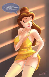 beauty_and_the_beast belle brown_hair closed_eyes cloth clothed clothing_lift disney disney_princess dress dress_lift female female_only glamourpink hand_on_chest large_breasts no_bra panties solo stockings thighs yellow_dress rating:Questionable score:48 user:sloantech