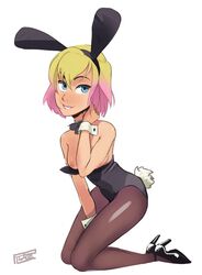 animal_ears blonde_hair breasts bunny_ears bunnysuit female gwen_poole gwenpool gwenpool_(series) high_heels highres lipstick makeup marvel marvel_comics multicolored_hair nipples pink_hair polyle rating:Explicit score:176 user:bot