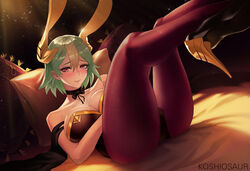 1girls alternate_costume bed blush bow bunny_ears bunny_girl bunny_suit choker cleavage female_only fire_emblem fire_emblem_heroes fishnet_stockings fishnets gold_hair green_hair headgear high_heels koshiosaur laegjarn_(fire_emblem) large_breasts lying_down lying_on_back lying_on_bed pillow red_eyes ribbon short_hair smile solo thighhighs yellow_hair rating:Questionable score:134 user:Princess_Celica