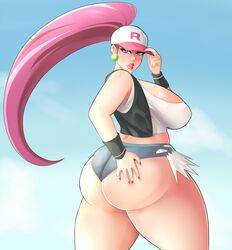 1girls alternate_breast_size ass back bare_shoulders big_ass big_breasts blue_background blue_eyes blush breasts cleavage clothed clouds cosplay day earrings eyelashes female female_only half-closed_eyes hand_on_ass hat hilda_(pokemon) hilda_(pokemon)_(cosplay) holding huge_ass huge_breasts human jacket jessie_(pokemon) lipstick long_hair looking_back mature_female midriff nail_polish nintendo outdoors pink_hair pink_lipstick pokemon pokemon_bw pokemon_rgby purple_nails shirt shorts sky solo source_request standing sweatband thick_thighs very_long_hair wide_hips xiceowl rating:Questionable score:151 user:glitere12