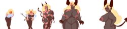  bigger_female bimbofication blonde_hair claws dark_skin demigoddess demon demon_girl horns increasing lacksz original_character red_eyes thick_thighs transformation  rating:explicit score: user:lacksz