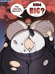  1girls belly big_belly big_breasts breast_expansion breasts button_pop chainsaw_man dialogue expansion female gurrygoo huge_breasts inflation makima_(chainsaw_man) massive_breasts nipple_bulge nipple_outline outie_navel pregnant red_hair solo solo_female text thick_thighs torn_clothes wardrobe_malfunction wide_hips  rating:questionable score: user:busterancher