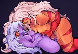  2girls amethyst_(steven_universe) body_markings chubby_female females_only fingering foreplay gem gem_(species) givlsssz holding_neck jasper_(steven_universe) lesbian_sex moaning muscular_arms muscular_female neck_grab orange_body orange_nipples pubic_hair purple_body purple_nipples size_difference steven_universe white_hair yuri  rating:explicit score: user:fakered