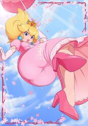 1girls ass big_ass blonde_hair blue_earrings blue_eyes clothed clothing cloud crown dress earrings elbow_gloves female female_only from_below gloves high_heels huge_ass human jewelry lipstick long_hair looking_at_viewer looking_down makeup mario_(series) merunyaa nintendo outdoors pink_dress pink_lipstick pinup princess_peach sky smile solo thick_lips thick_thighs umbrella upskirt wide_hips rating:Questionable score:241 user:BotWDude