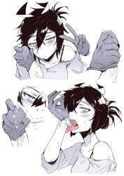 1boy absurdres bags_under_eyes black_hair blue_eyes cum cum_wearing drinking_cum female glovejob gloves handjob highres karasu_raven open_mouth original penis penis_in_glove smile tongue tongue_out v veins veiny_penis rating:Explicit score:280 user:bot